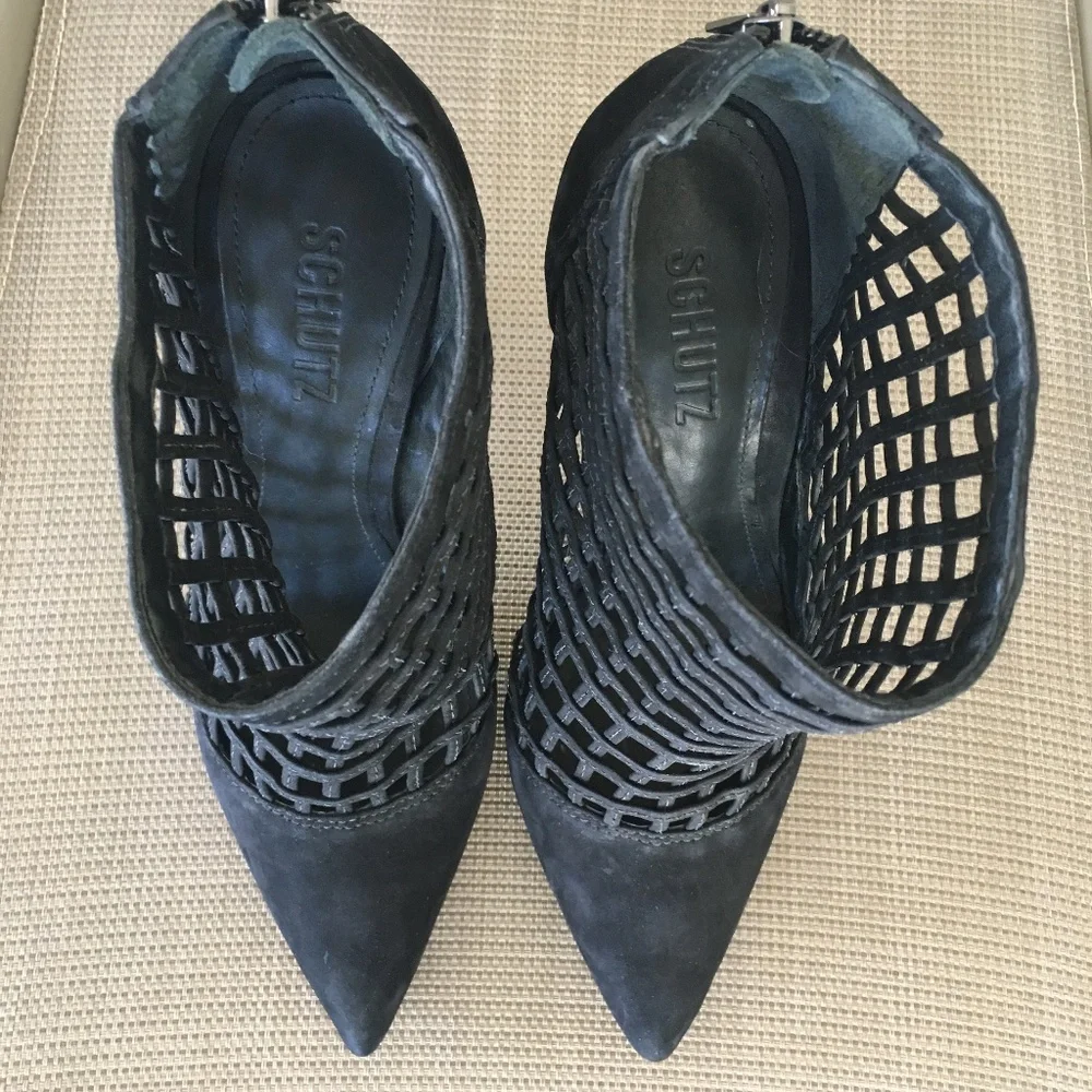 SCHUTZ Black Caged Pointed Toe Heels Booties Sz 8 - Picture 5 of 12